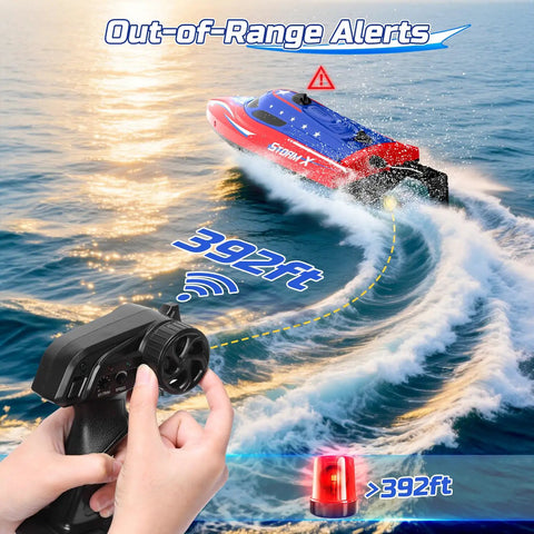 Full Proportional Remote Control Boat for Kids and Adults, 20MPH Plus High Speed Waterproof RC Boat in action with a remote controller