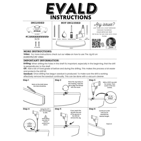 EVALD doweling jig instruction manual with diagrams for shelf installation steps.