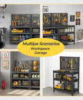 Heavy Duty 1000 Pound Rolling Workbench With Removable Pegboard And Smooth Rolling Tool Cart For Garage Shop Setup Steel Welding Surface Built Tough Shop Ready displayed in multi-angle garage workspace.