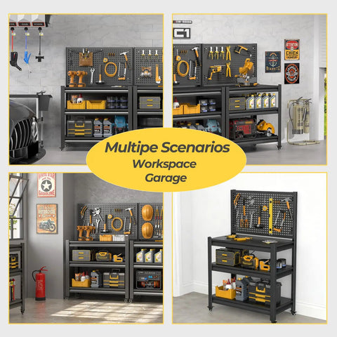 Heavy Duty 1000 Pound Rolling Workbench With Removable Pegboard And Smooth Rolling Tool Cart For Garage Shop Setup Steel Welding Surface Built Tough Shop Ready displayed in multi-angle garage workspace.