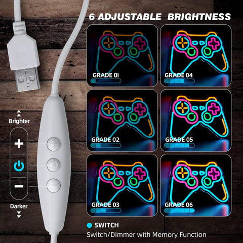 Lit Blue Gamepad Neon Sign For Gaming Room Decor USB Powered LED Neon Light With 6 Dimmable Modes showing brightness and switch