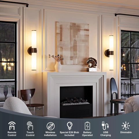 8000mAh Walnut Battery Operated Wall Sconces Set of 2, Dimmable Rechargeable Wall Sconce with Remote in modern living room decor.