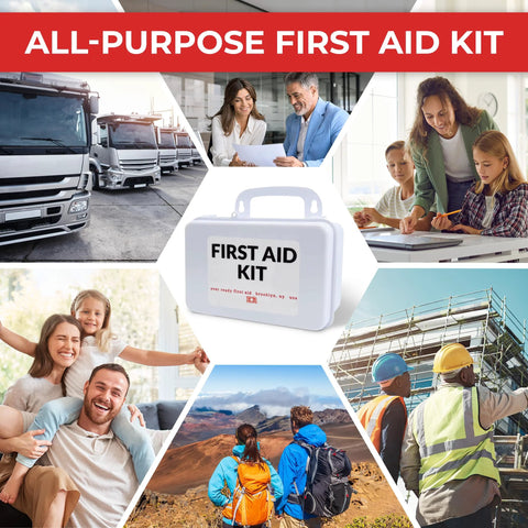White 10-person first aid kit in a compact case labeled FIRST AID KIT; collage of home, office, and outdoors.