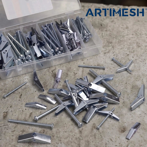 36 Piece Toggle Bolt Anchors Kit With 3 Size Metal Butterfly Drywall Anchors One Eighth Three Sixteenths One Quarter Inch For Hollow Walls And Ceilings Heavy Duty Gear For Shelving And Heavy Fixtures. assorted metal toggle bolts, wing nuts, and screws in storage case