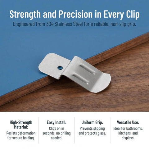 Glass Quick Mounting Hook Bracket Clips Set 50 Pcs Scratch Free Installation No Drill Stainless Steel Edge Grip displayed