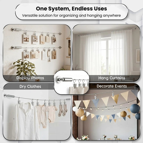 Stainless Steel Curtain Wire Rod Set 16.4 Ft With 24 Clips And Corner Connectors For Easy No Fuss Flexible Angled Installations Great For Windows Balconies Or Wall Mounted Curtain Panels, used to hang curtains and photos