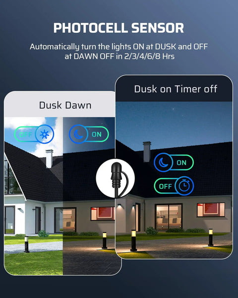 120W Low Voltage Outdoor Transformer With Photocell Sensor And Timer displaying dusk to dawn feature, house lit at night