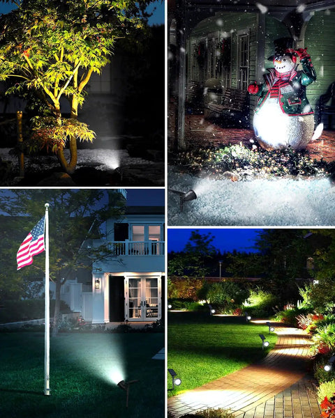 Solar Spot Lights Outdoor Waterproof IP65 Cool White 600LM Hella Bright 18 LEDs illuminating tree, snowman, flagpole, pathway