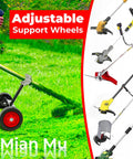 Universal String Trimmer Wheel Attachment Fits 26mm And 28mm Shafts Weed Eater Conversion Kit on grass with support wheels.
