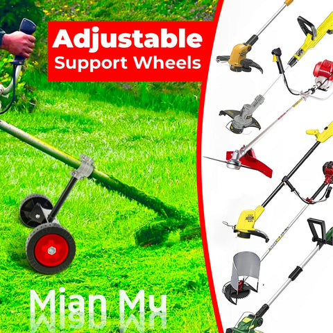 Universal String Trimmer Wheel Attachment Fits 26mm And 28mm Shafts Weed Eater Conversion Kit on grass with support wheels.