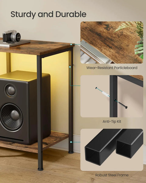 Top Shelf TV Stand And Media Console Fit For Screens Up To 55 Inches Featuring Easy Access Storage Drawers And Open Shelving Rustic Brown Steel Frame For Chill Living Room Setup close-up showing robust steel frame and wear-resistant particleboard.