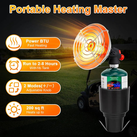 Portable Propane Heater for Golf Carts With Cup Holder Keeps You Toasty In Cold Rounds Cordless Outdoor Warmer shown