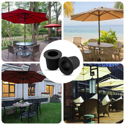 Two-Piece Patio Table Umbrella Hole Ring Plug Kit, Silicone Sleeve Stabilizer in various outdoor settings.