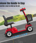 Side view of Movcan X-02 four-wheel red mobility scooter with foldable seat and front basket.