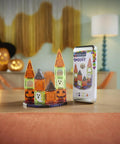 24 Piece Halloween Magnetic Building Tiles For Kids To Build A Mini Haunted House Featuring Spooky Neon Blocks Portable Travel Case with mini haunted house.
