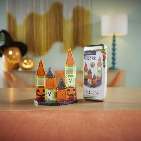 24 Piece Halloween Magnetic Building Tiles For Kids To Build A Mini Haunted House Featuring Spooky Neon Blocks Portable Travel Case with mini haunted house.