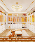 Modular Closet System With Six Drawers And Ten Open Shelves Housing Eight Hanging Rods Creating A Custom Walk In Closet Organizer Setup That Hits Different For Any Master Bedroom Freestanding White Wood Build.