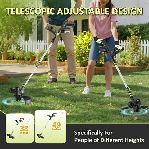 People using 20V Cordless Weed Eater Trimmer with 12-Inch Cutting Width, adjustable height for lawn care