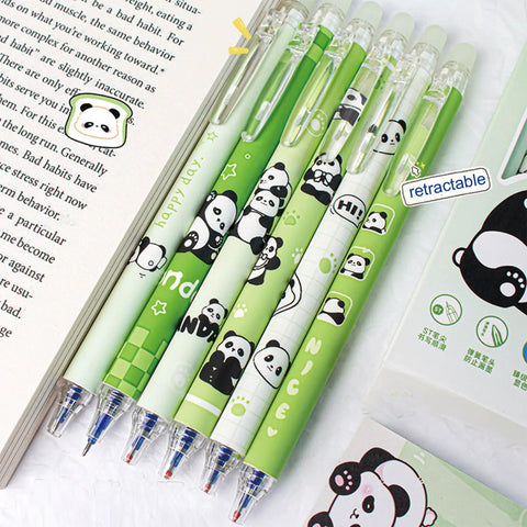 Six Pack Panda Erasable Retractable Gel Ink Pens 0.5mm Blue Ink Too Cute Panda Design Erasable Gel Ink with Rubber Eraser