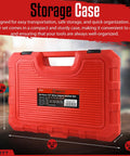Red storage case for Three Eighth Inch Drive Impact Socket Set With Forty Eight Piece SAE And Metric Deep And Shallow Sockets Plus Three Inch And Six Inch Extension Bars Three Eighth Universal Joint And Three Eighth To One Half Inch Adapter Cr V Steel Six Point.