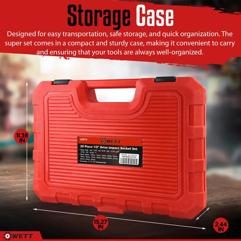 Red storage case for Three Eighth Inch Drive Impact Socket Set With Forty Eight Piece SAE And Metric Deep And Shallow Sockets Plus Three Inch And Six Inch Extension Bars Three Eighth Universal Joint And Three Eighth To One Half Inch Adapter Cr V Steel Six Point.