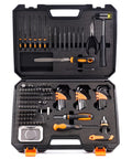 Open case of All In One 157-Piece Screwdriver And Repair Tool Kit With Ratcheting Wrenches Rubber Mallet Long Nose Pliers Magnetic Screw Retriever Files