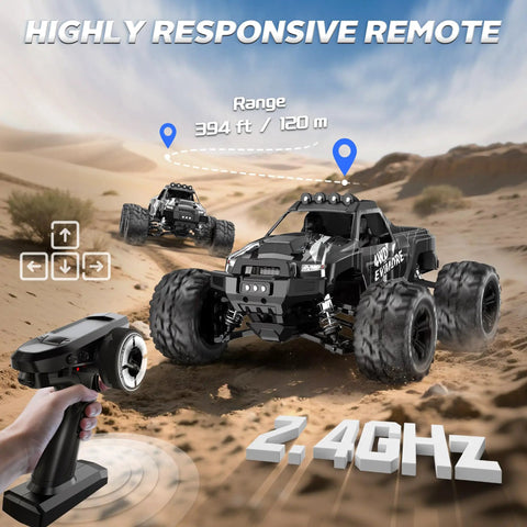 1/16 Scale Brushless RC Monster Truck 4WD All Road High Speed Car Hits 34 MPH With Dual 2S LiPo Batteries Included in desert terrain