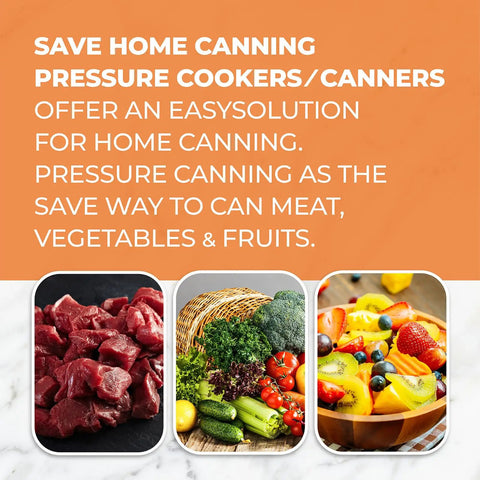 Various ingredients like raw meat, fresh vegetables, and fruits displayed for Pressure Cooker Canner Gauge Replacement Kit For 1930 Series Canners