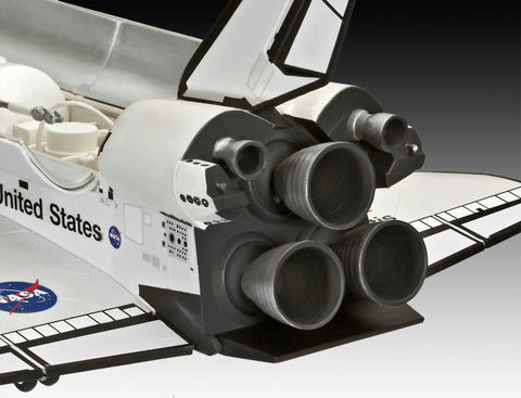 Close-up of Space Shuttle Atlantis 1 To 144 Scale Model Kit With 64 Parts, showing rear thrusters and multicolor finish