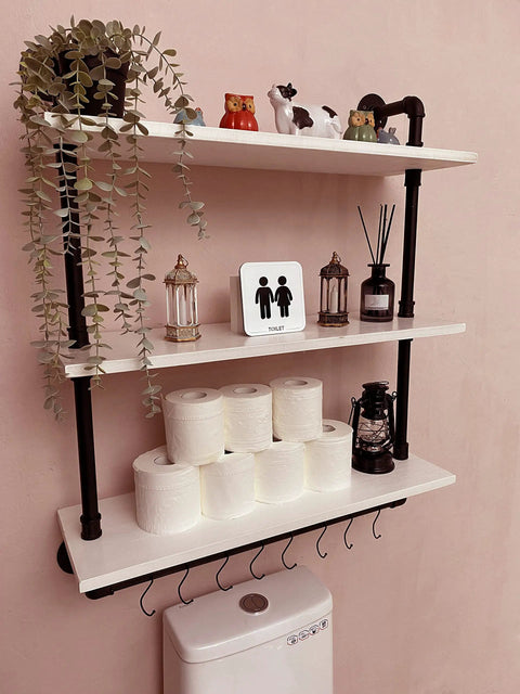 Industrial Pipe Shelving With Towel Rack 3 Tier 30 Inch Rustic White Floating Shelves with decor and toilet paper in bathroom