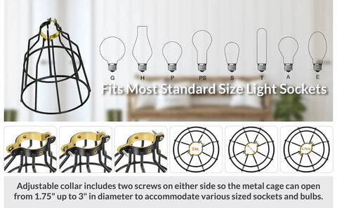Industrial Black Pendant Light Cage Guard For Pendant Lamps Ceiling Fans Vintage Open Style Bulb Covers Adjustable Heavy Duty Metal Shield Fits Standard Sockets Easy Install All Metal Construction Black Vinyl Coating with adjustable collar illustration.