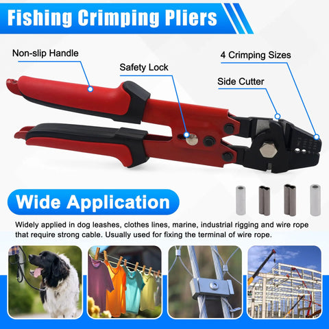 Ultimate Pro Grade Fishing Crimping Tool Kit With High Carbon Steel Pliers, visible non-slip handle, safety lock, side cutter