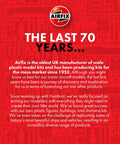 Text about Airfix's 70-year history in scale model manufacturing on a red background with the Airfix logo.
