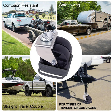 Beefed Up Dual Wheel Trailer Jack Attachment With Safety Chock, 2000 Lb Capacity Tongue Jack Caster For Utility Boat And RV Trailers, Fits 2 Inch Tubes