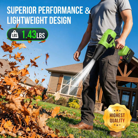Person using Cordless Leaf Blower Turbo Jet Power, Lightweight Handheld Design That Is Super Handy, 6 Adjustable Speed Settings With Lock