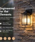 Set And Forget Dusk To Dawn Wall Mount Porch Light With Auto Photocell Sensor on stone wall, displaying matte black weatherproof metal design.