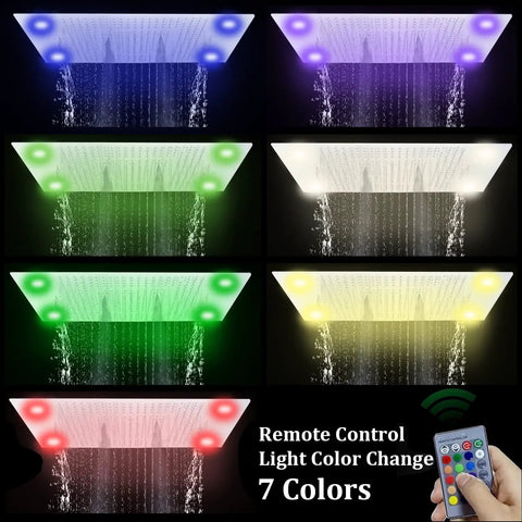 Sleek Matte Black Ceiling Rain Shower System With 24X32 Inch Led Spray Head showcasing 7 color light options in a waterfall design.