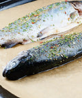 Heavy Duty PTFE Dehydrator Sheets 14 Inch Nonstick Baking Mats And Oven Liners For BBQ Hot Plate, fish seasoned on mat.
