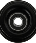 Front view of Gates DriveAlign belt drive idler pulley, black metal with silver center bearing