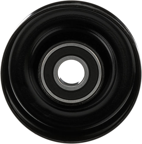 Front view of Gates DriveAlign belt drive idler pulley, black metal with silver center bearing