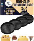 Rubber Furniture Pads Non Slip Heavy Duty Caster Cups For Couch Stoppers For Hardwood Floors, Tile And Laminate 2 Inch Round Anti Scratch Floor Protectors Black 4 Pack packaging and pads