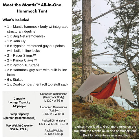Mantis Ultralight Hammock With Mosquito Net And Storage Bag For All Seasons in Ember Orange setup between trees