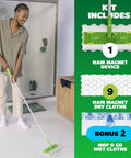 Hair Magnet Deluxe Starter Kit With Collapsible Pole And 9 Dry Cloths Plus 2 Bonus Mop And Go Wet Cloths For Quick Cleanups Hair And Dust Pickup And Pet Fur Removal in use on bathroom floor
