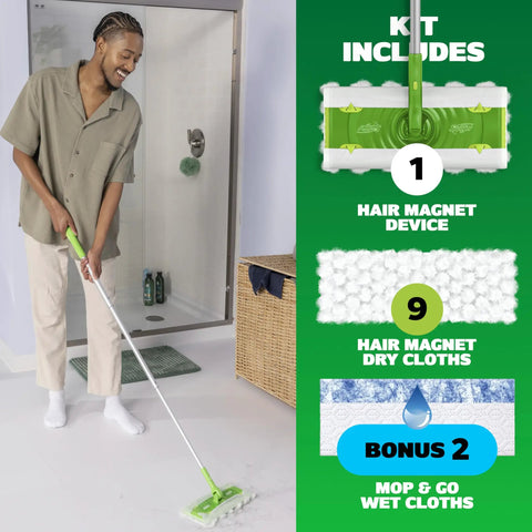 Hair Magnet Deluxe Starter Kit With Collapsible Pole And 9 Dry Cloths Plus 2 Bonus Mop And Go Wet Cloths For Quick Cleanups Hair And Dust Pickup And Pet Fur Removal in use on bathroom floor