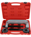 Heavy Duty Ball Joint Press Kit and Wheel Bearing Tool Set for Auto Suspension in red carry case, open view.