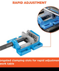 Pro Grade Cast Iron Drill Press Vise With 4 Inch Jaws and Precision Ground Base, featuring elongated clamping slots for fast adjustments.