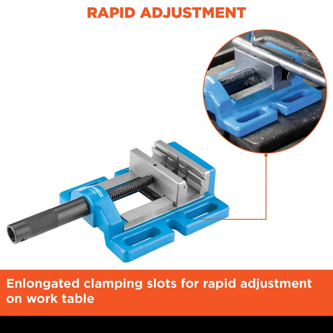 Pro Grade Cast Iron Drill Press Vise With 4 Inch Jaws and Precision Ground Base, featuring elongated clamping slots for fast adjustments.