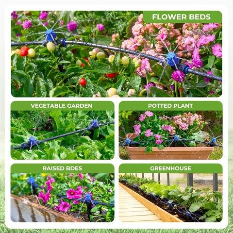 100 Foot Garden Watering System For Drip Irrigation All In One Kit used in flower beds, vegetable garden, potted plants, and more