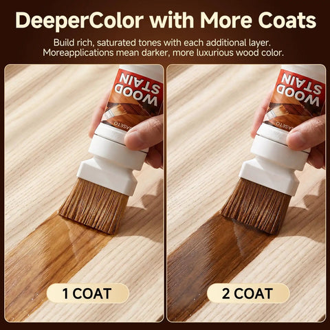 Water Based Wood Stain And Sealer In One With Detachable Brush For A Buttery Smooth Black Walnut Finish On Diy Furniture and Hassle Free Cabinet Touchups, showing 1 and 2 coats applied.