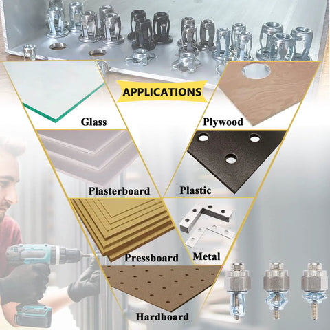 10-24 Jack Nut Set With Installation Tool Kit showcasing applications on various materials like plastic and plywood.